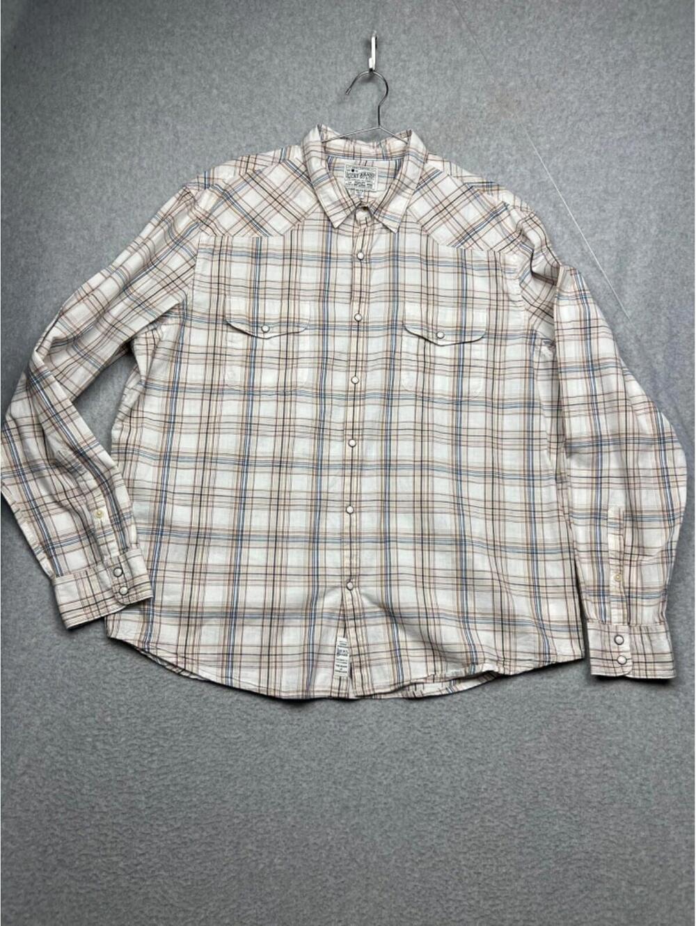 Lucky Brand Western Plaid Shirt Mens Size XXL Pearl Snap Classic Long Sleeve